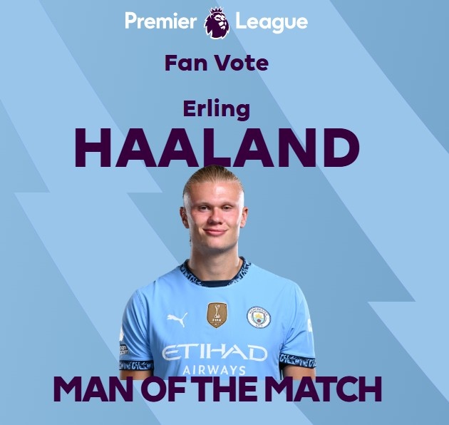 打進致勝球！英超官方：哈蘭德當選曼城1-0熱刺全場最佳球員